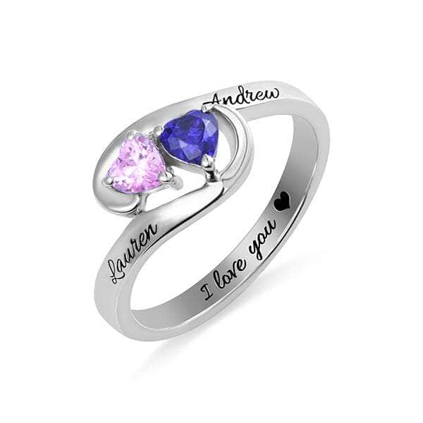 custom Rings Engraved Two Heart Birthstones Promise Ring