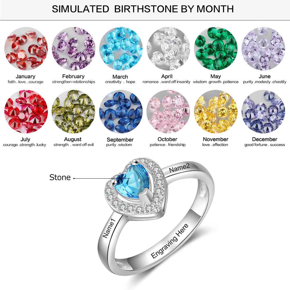 custom Rings Heart Stone Birthstone & Engraved Ring