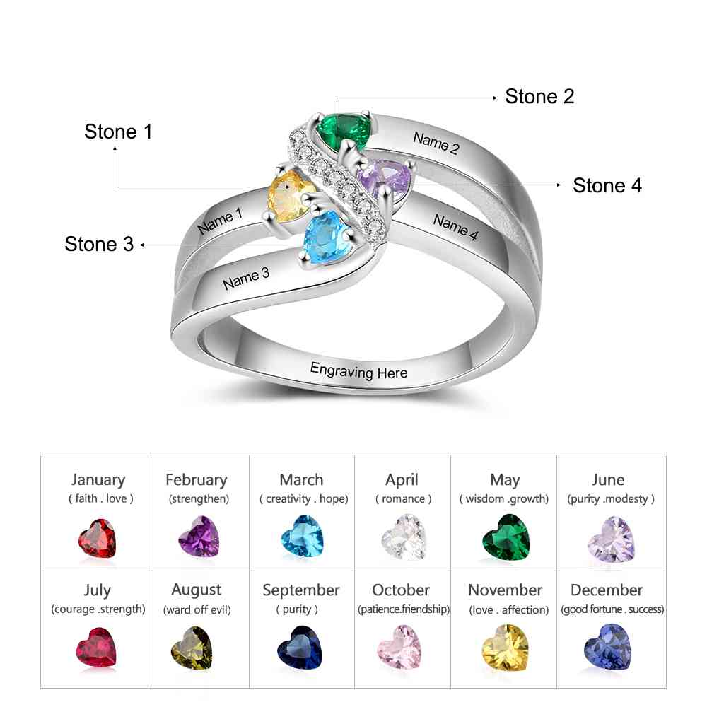 custom Rings Sterling Silver 4 Gem Birthstone & Engraved Ring