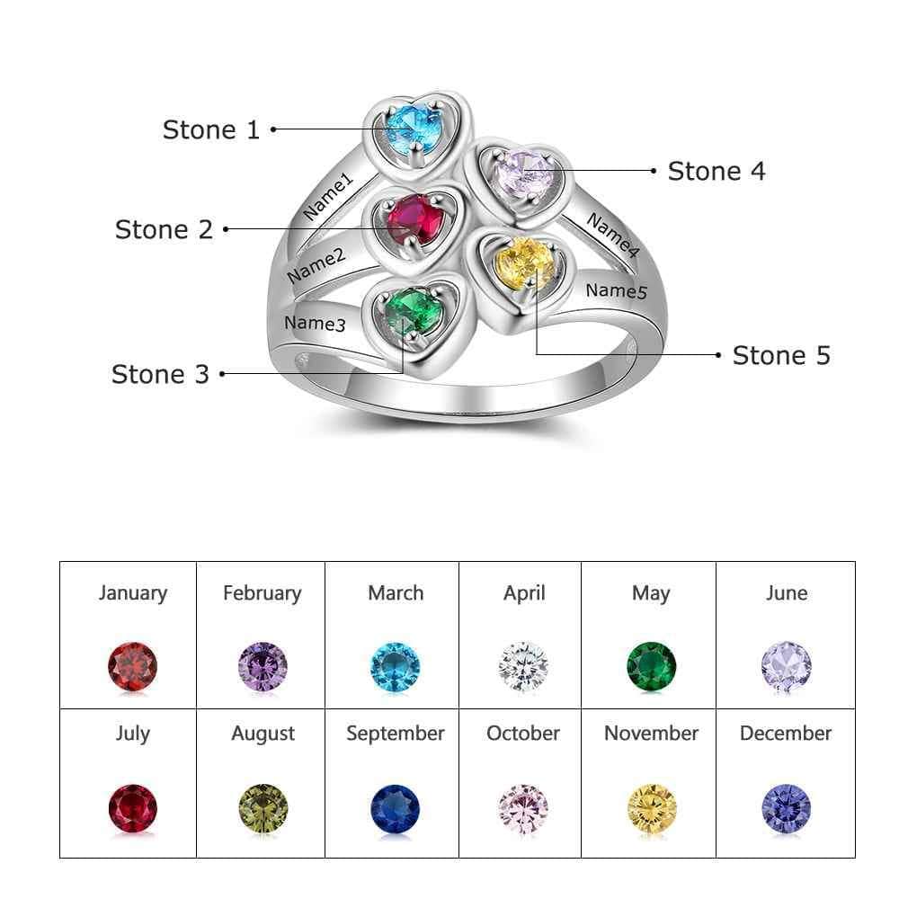 custom Rings Sterling Silver 5 Heart Birthstone & Engraved Ring