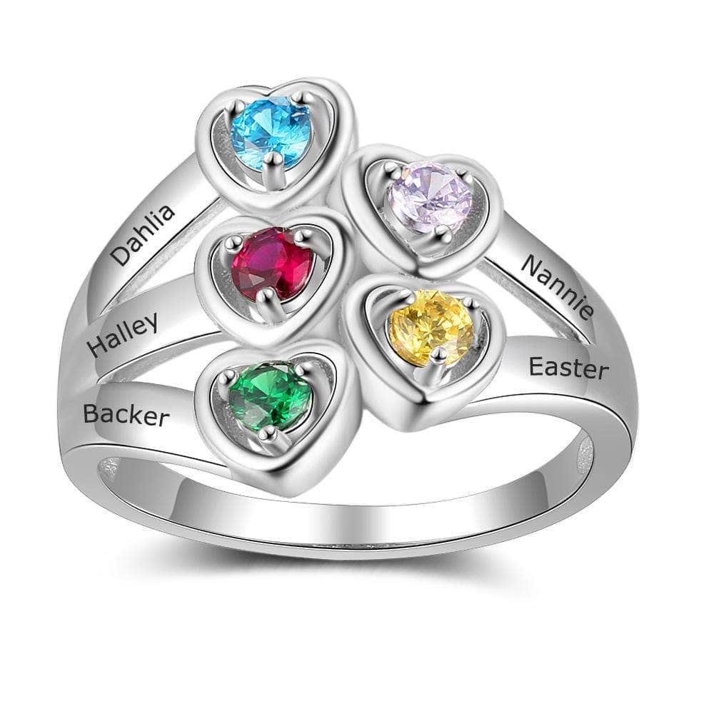 custom Rings Sterling Silver 5 Heart Birthstone & Engraved Ring