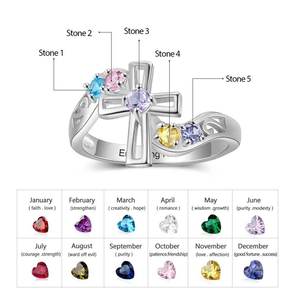 custom Rings Sterling Silver Cross Birthstone & Engraved Ring