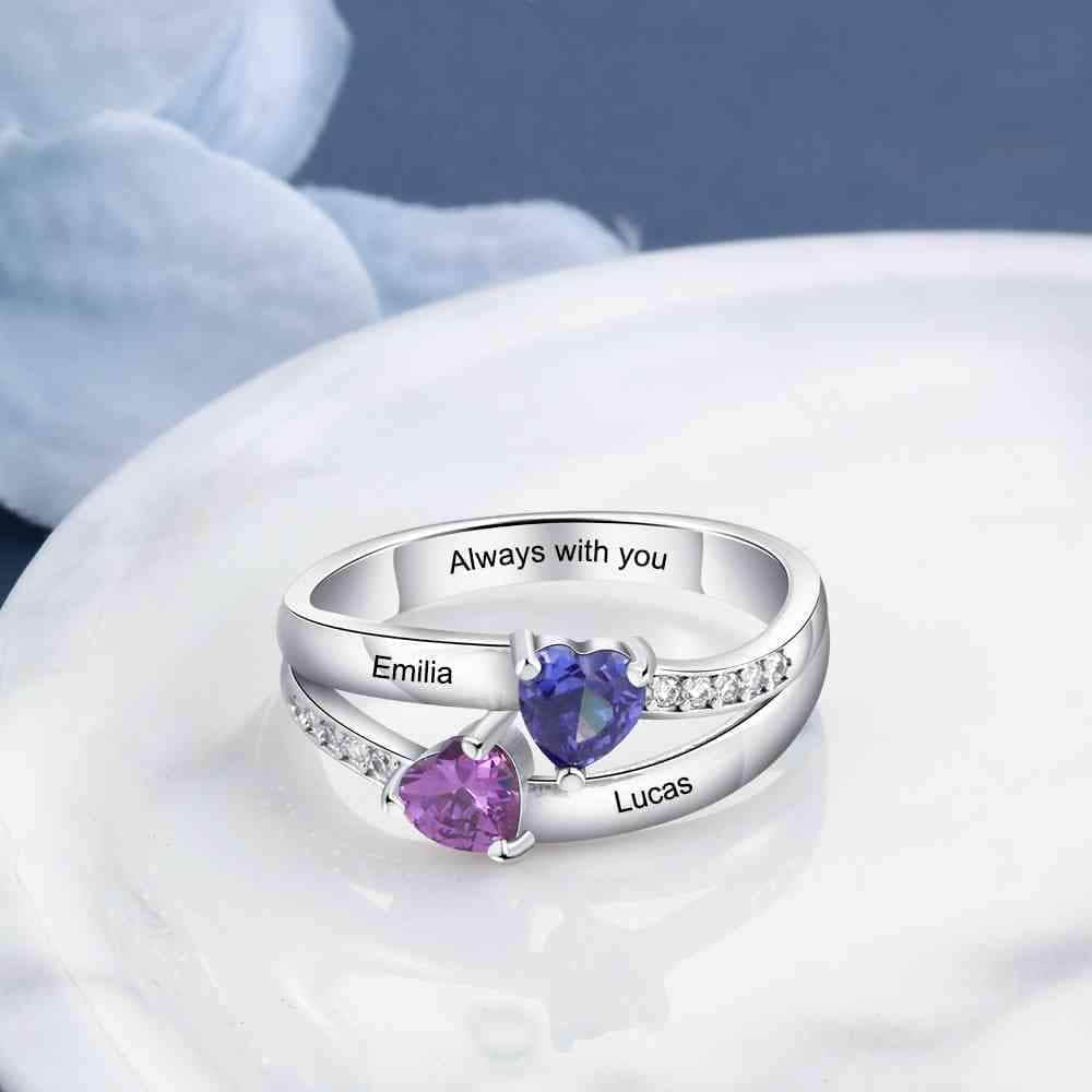 custom Rings Two Name Birthstone & Engraved Ring