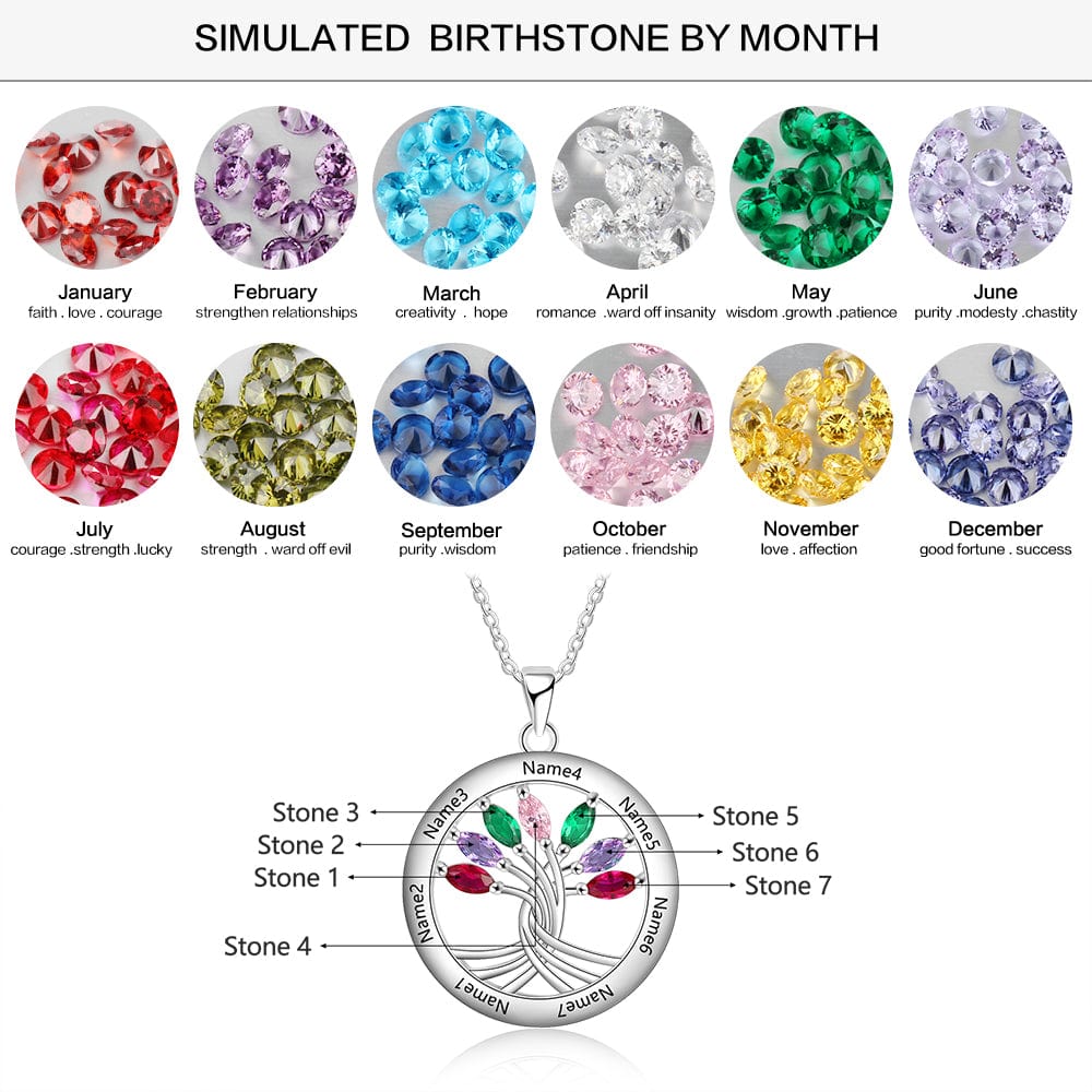 JEWEL AUS Necklace 925 Sterling Silver Tree of Life Necklace with Seven Birthstones