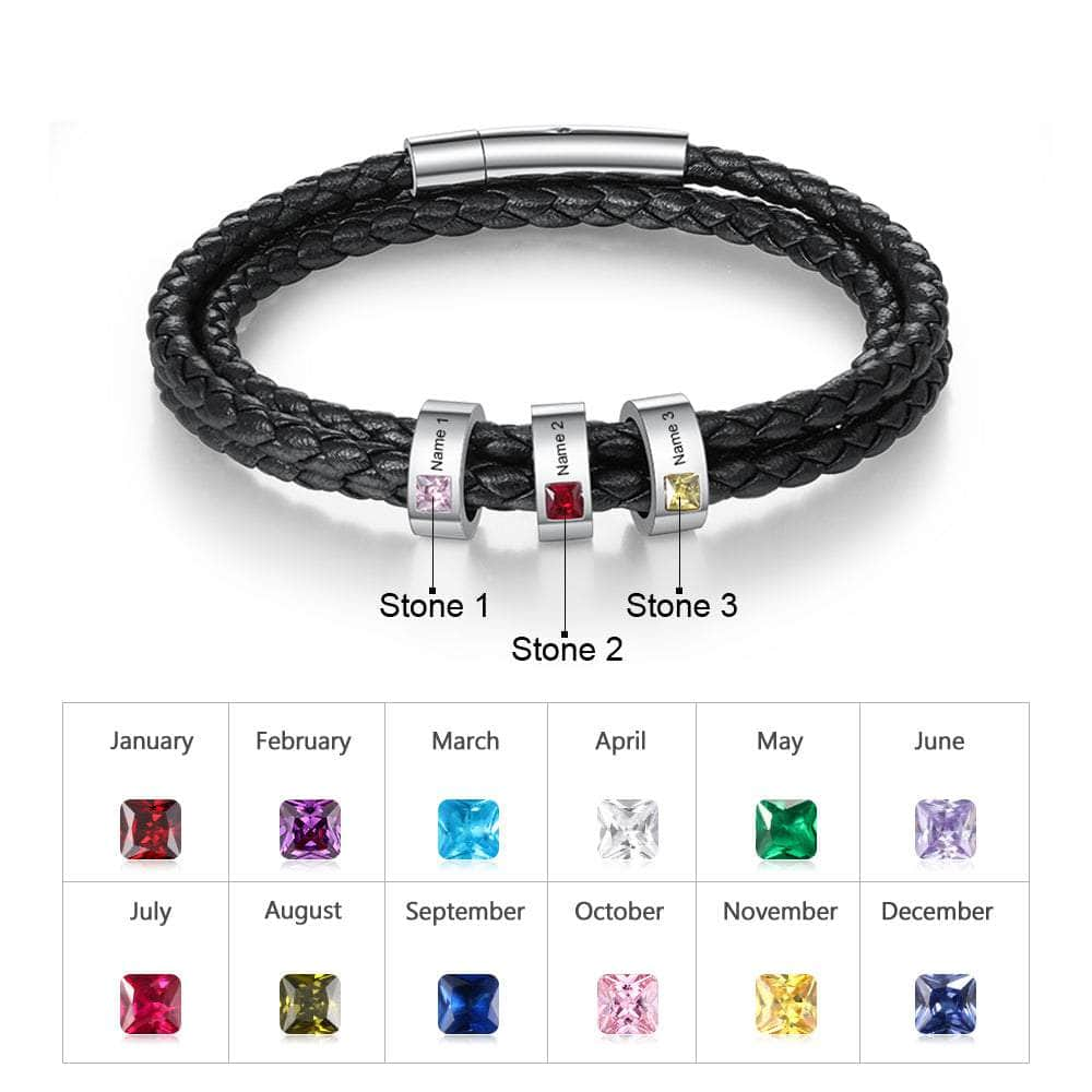 jewelaus Bracelet 21cm / 3 Stainless Steel Black Leather Bracelet