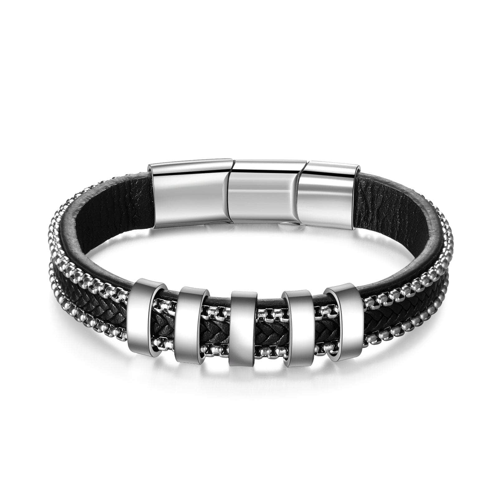 jewelaus Bracelet Stainless Steel Black Leather Bracelet