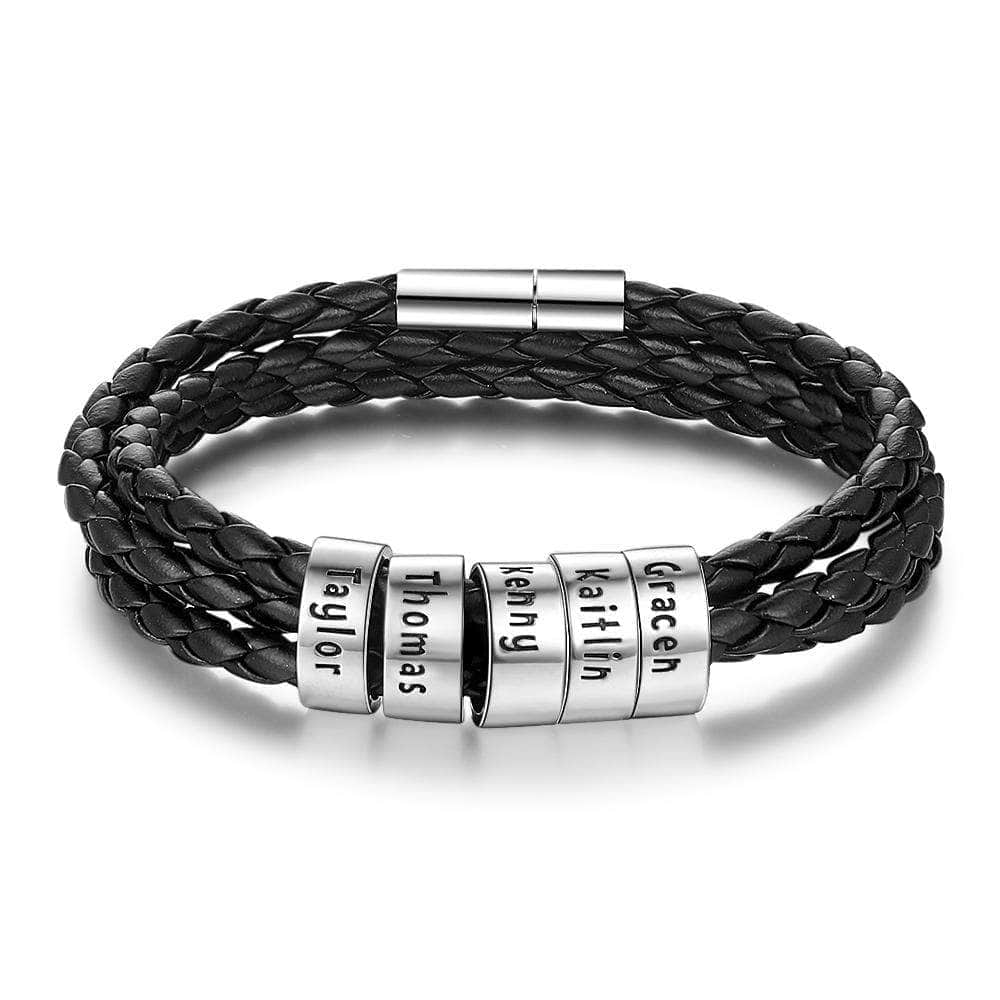 jewelaus custom brace Black Sterling silver Leather Engraving Bracelet