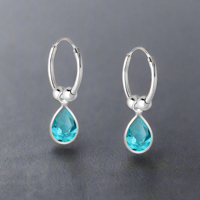 jewelaus Earrings Silver Blue Droplet Hoop Earrings