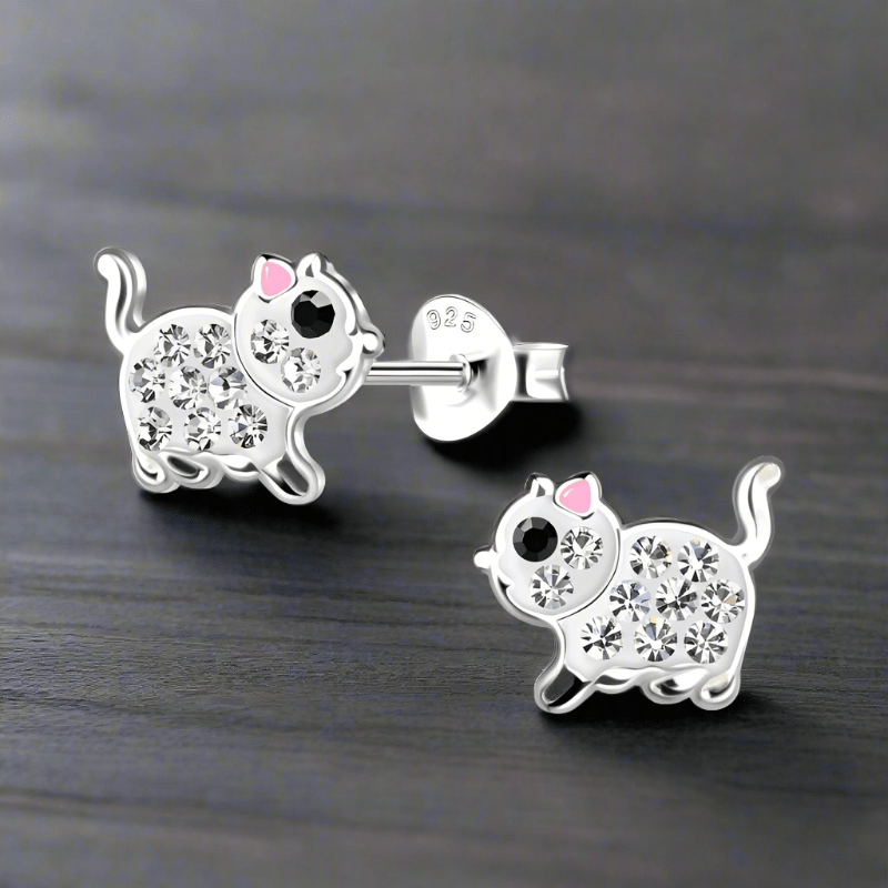 jewelaus Earrings Silver Cat Stud Earrings