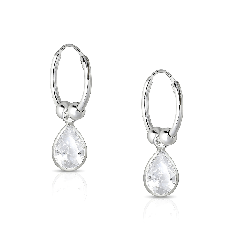 jewelaus Earrings Silver Clear Droplet Hoop Earrings