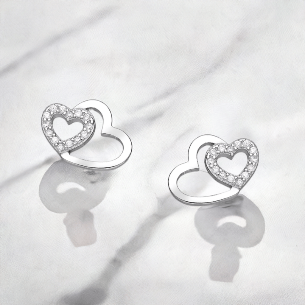 jewelaus Earrings Silver Double Heart Earrings