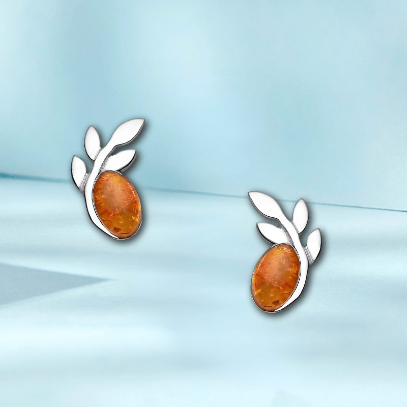 jewelaus Earrings Silver Leaf Baltic Amber Earrings