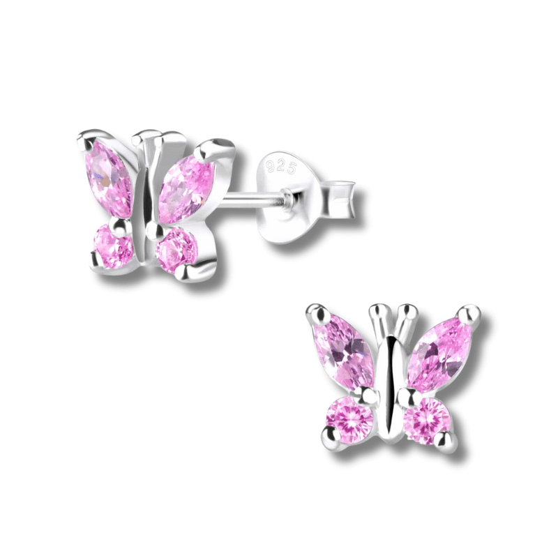 jewelaus Earrings Silver Pink Butterfly Stud Earrings