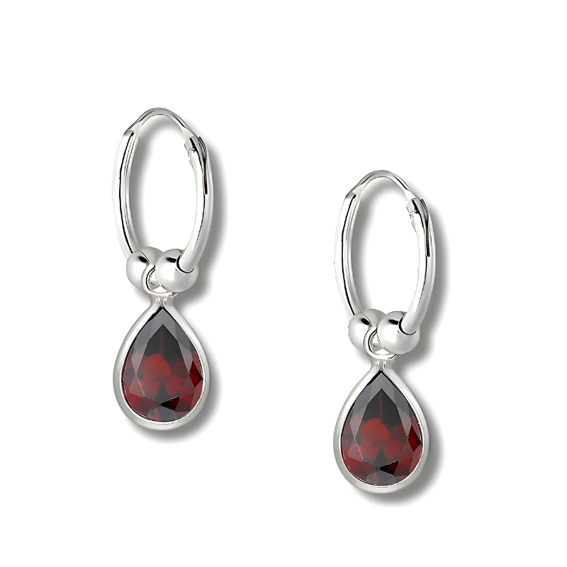 jewelaus Earrings Silver Red Droplet Hoop Earrings