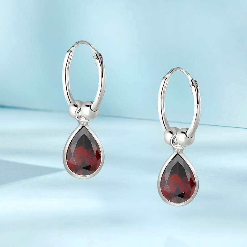 jewelaus Earrings Silver Red Droplet Hoop Earrings