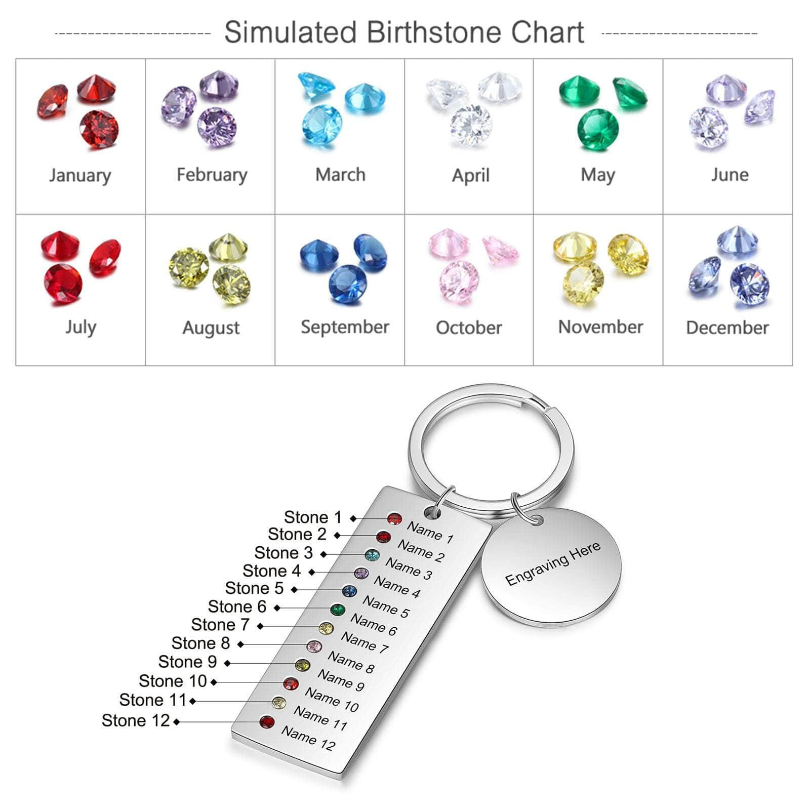 jewelaus Keychain 12 Stainless Steel Birthtsone Keychain