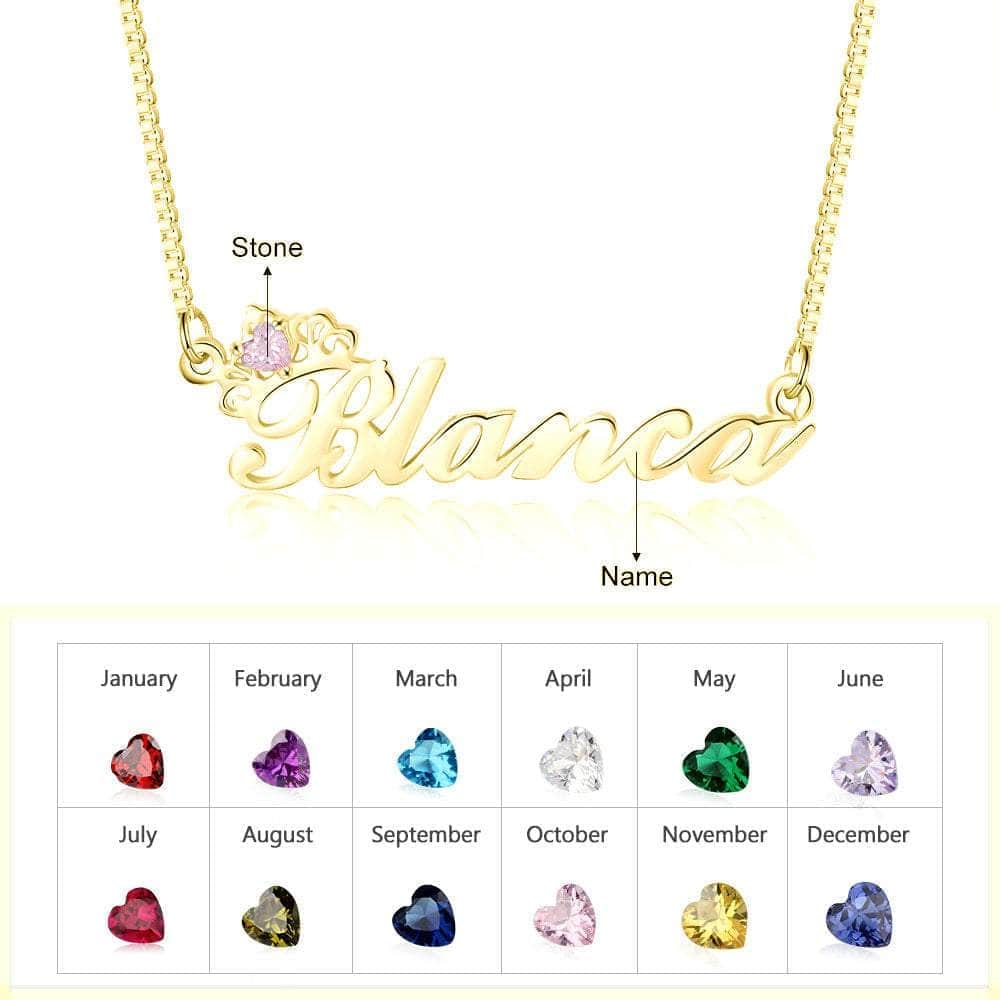 jewelaus Necklace 925 Sterling Silver / Gold Plated Birthstone & Engraved Name Necklace