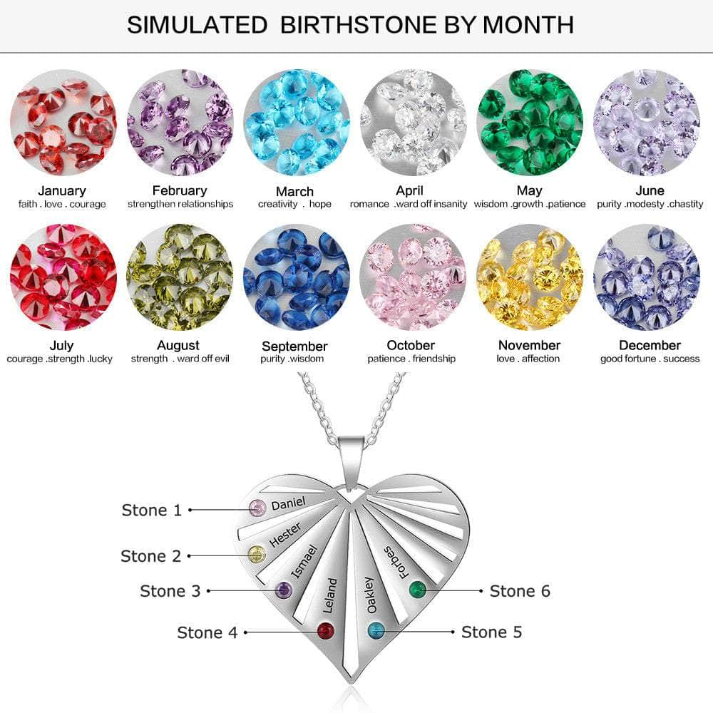 jewelaus Necklace White Gold Plated Six Birthstone Heart Necklaces