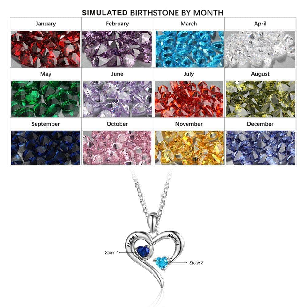 jewelaus Necklace White Gold Plated Two Birthstones Heart Necklace