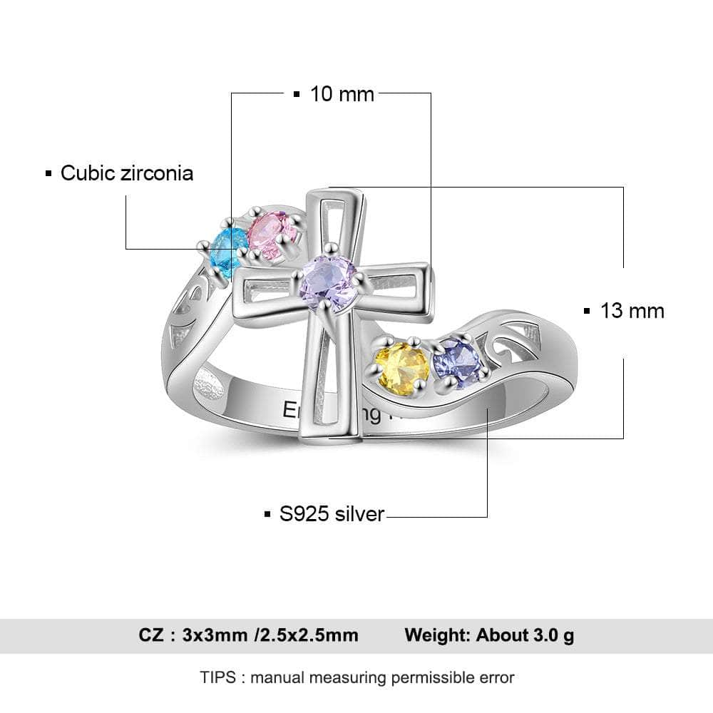 jewelaus Ring Silver Cross Name Birthstone Ring