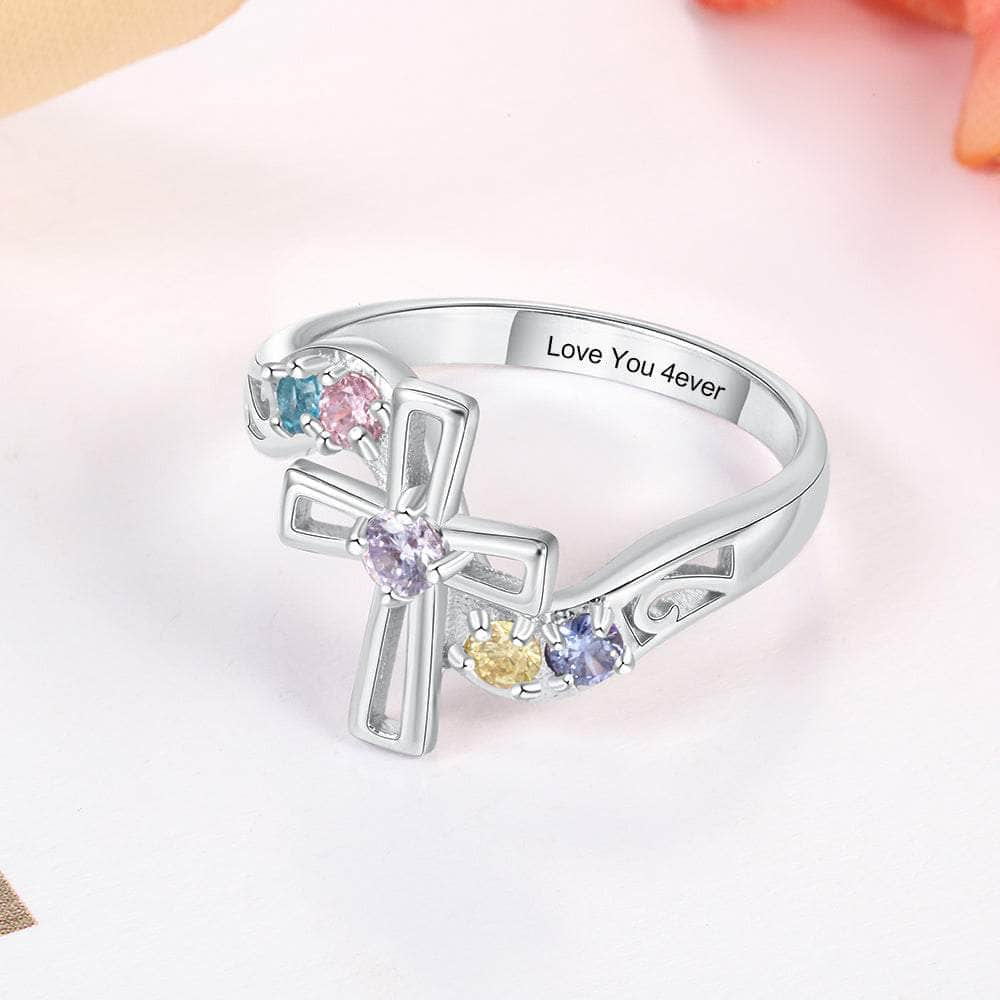 jewelaus Ring Silver Cross Name Birthstone Ring