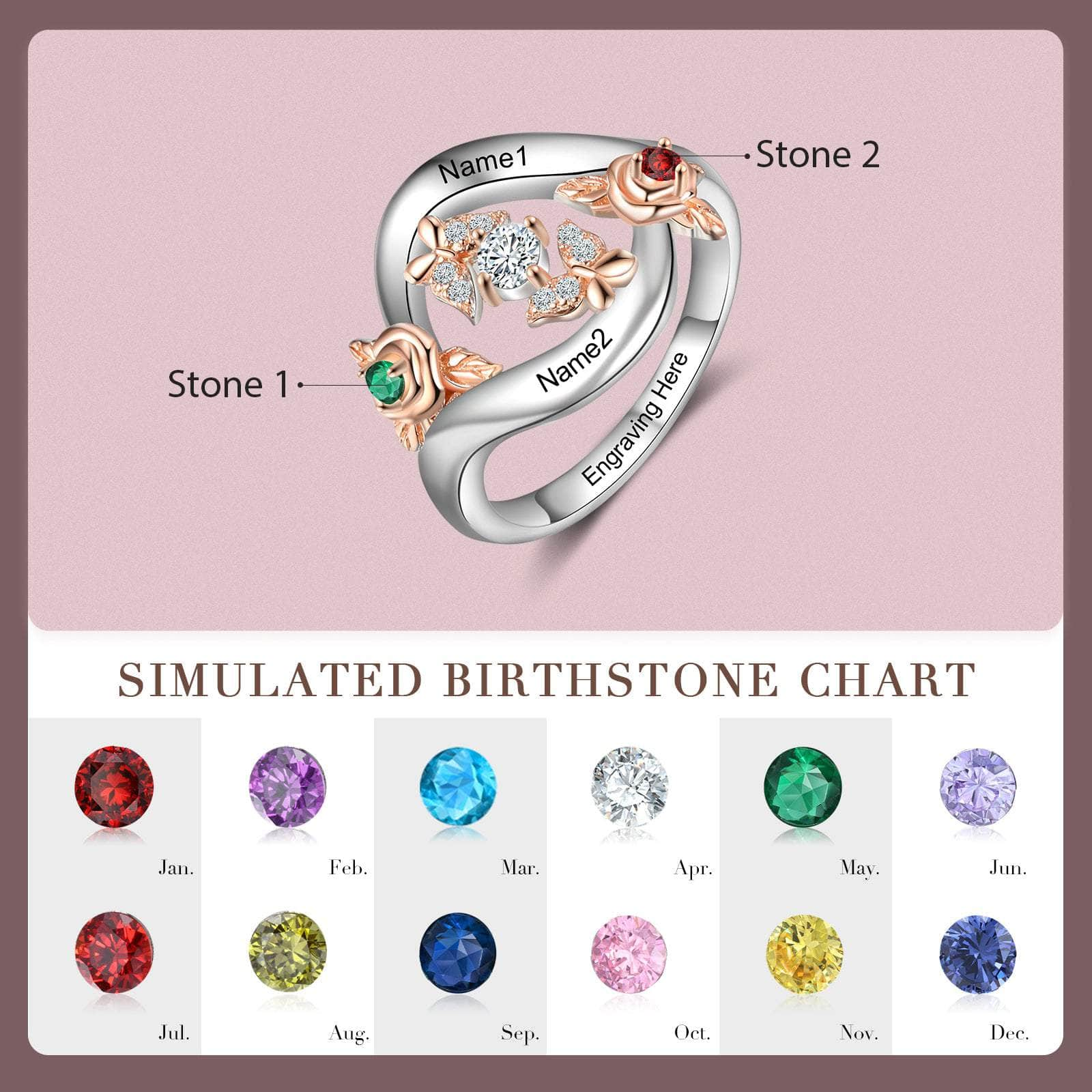 jewelaus Rings 6 / 2 Silver Birthstone Rose Flower Ring