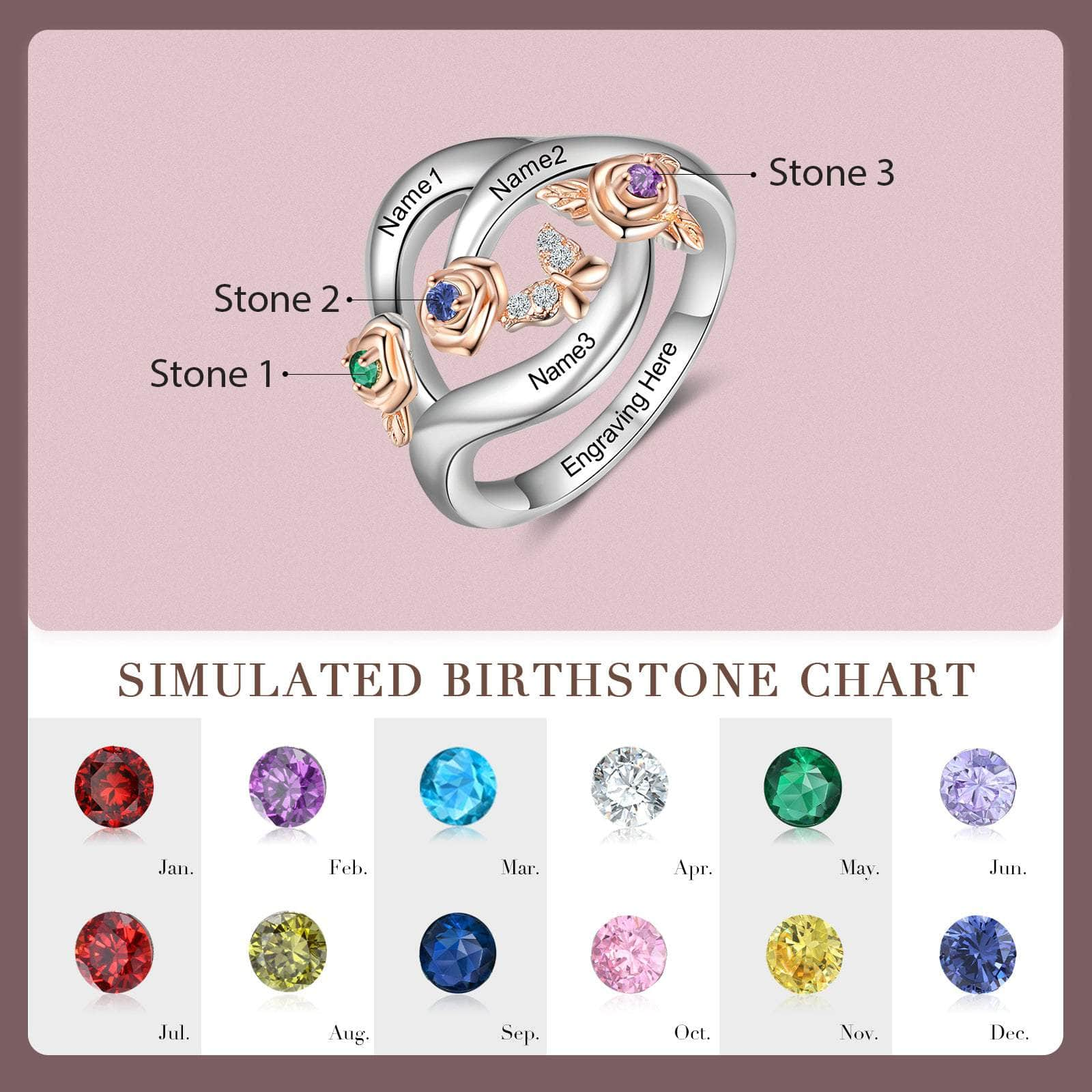 jewelaus Rings 6 / 3 Silver Birthstone Rose Flower Ring