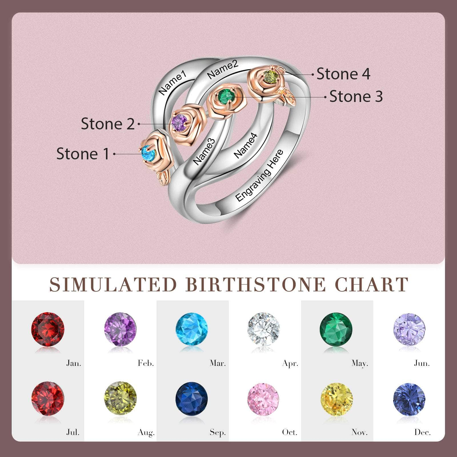 jewelaus Rings 6 / 4 Silver Birthstone Rose Flower Ring